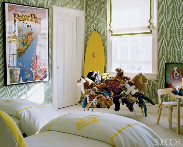 Child's bedroom with green wallpaper