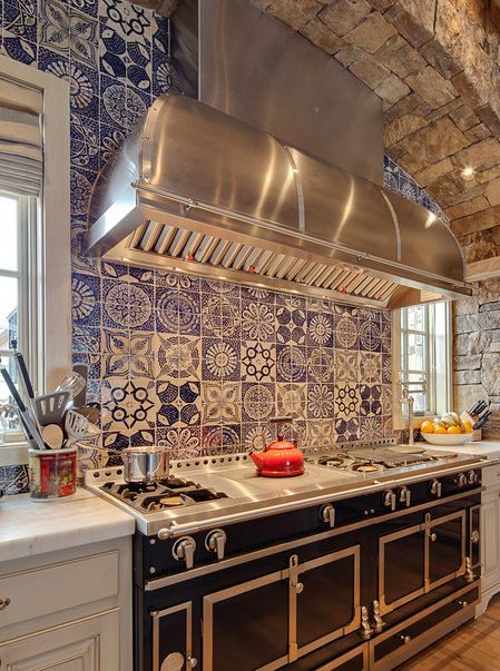 Blue and white backsplash