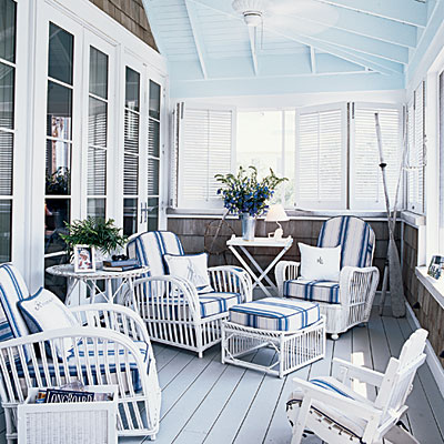 Blue and white enclosed porch