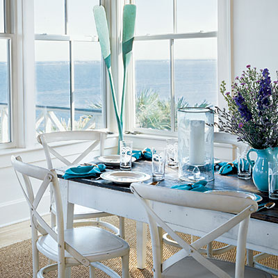 Simple blue and white dining area