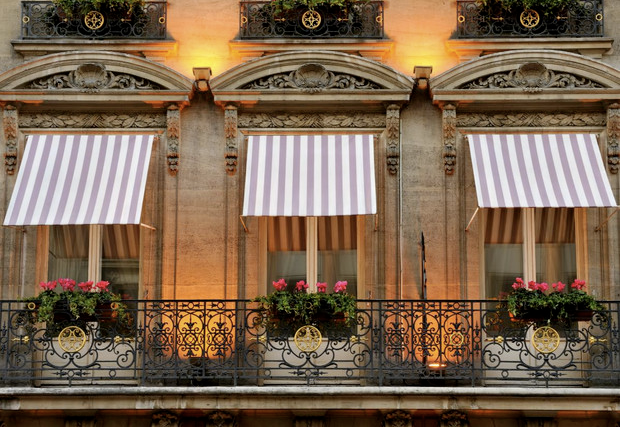 Grey and white striped awnings