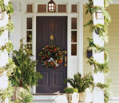 Blue front door with wreath