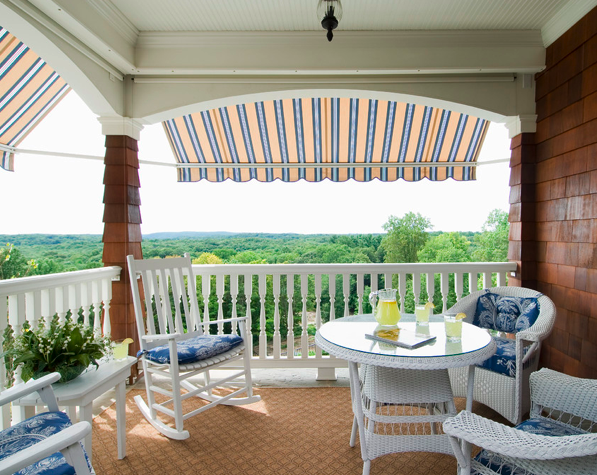 Striped awnings on porch