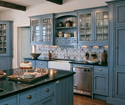 Greyish blue kitchen cabinets
