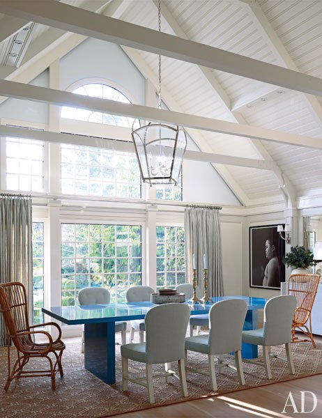 Exposed beams in dining room