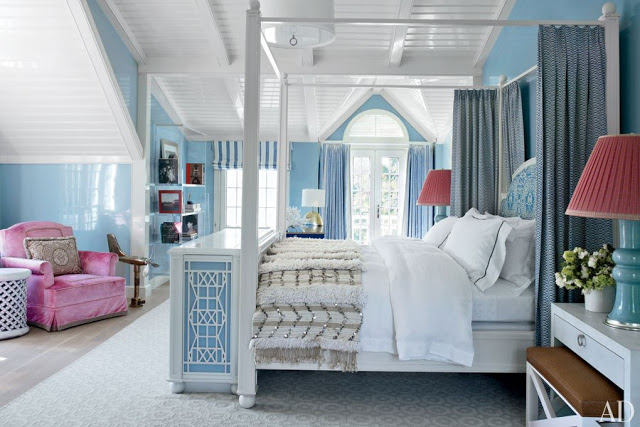 Exposed beams in bedroom