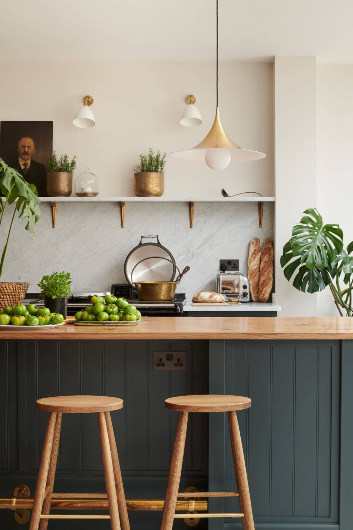 green painted island, open shelving